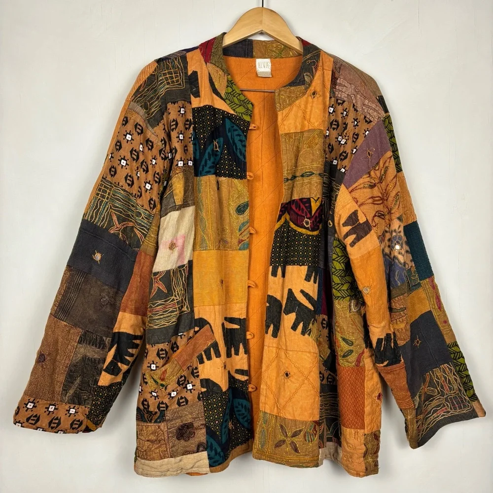 Vintage Handmade Patchwork Quilt Jacket Kantha Boho Oversized Cotton Artsy India